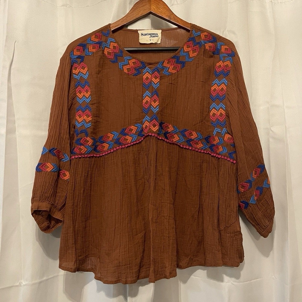 Women's Savanna Jane Gauze Boho Embroidered Peasant Top Blouse Sz S